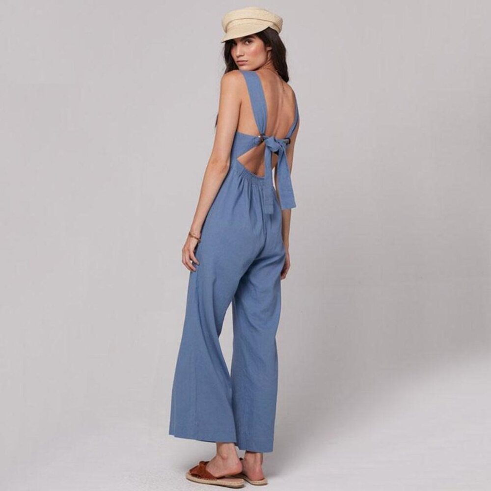 Knot Sisters‎ Linen Blend Wide Leg Lana Jumpsuit Muted Blue S | Open Tie Back